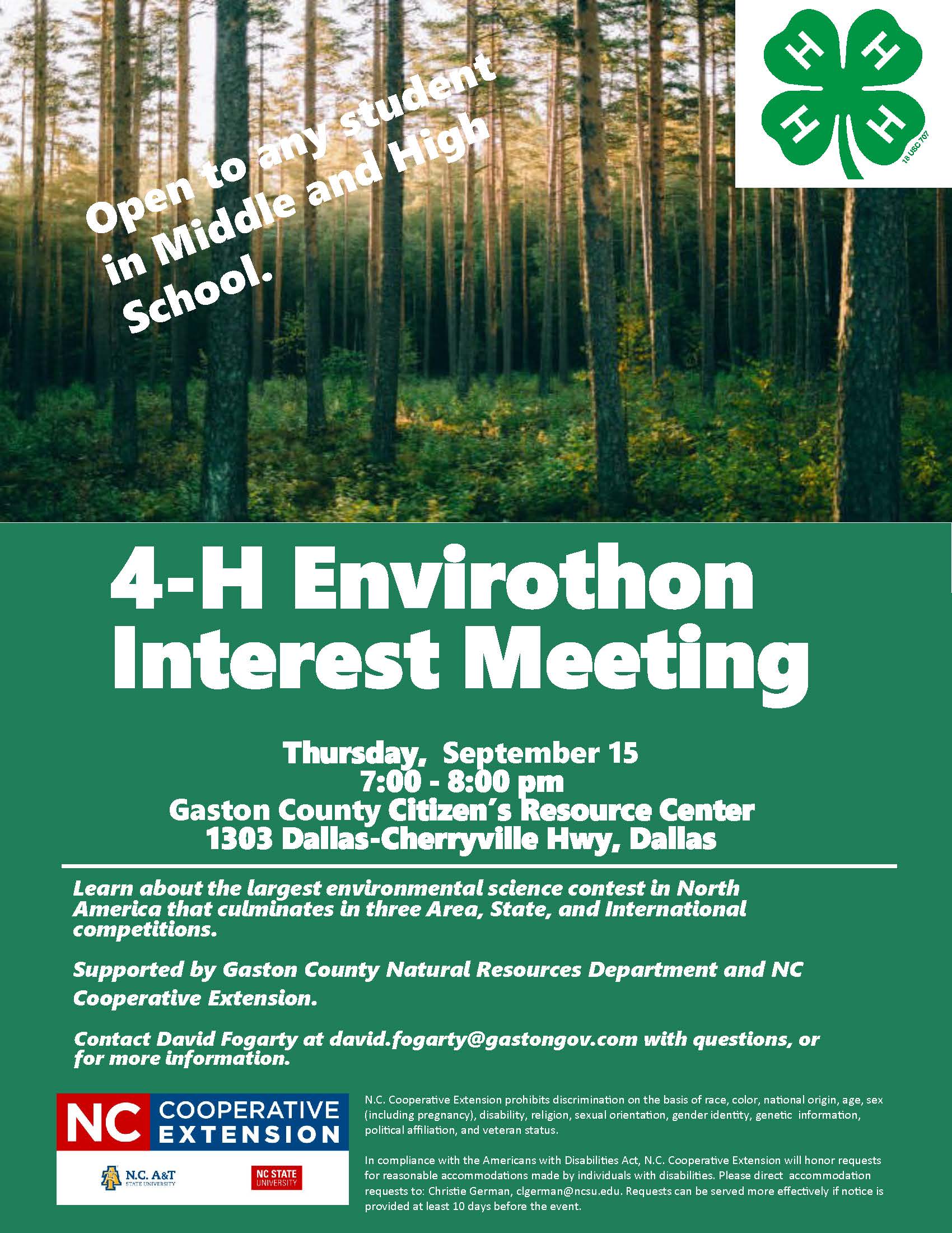 4-H Envirothon Interest Meeting Flyer for Gaston County
