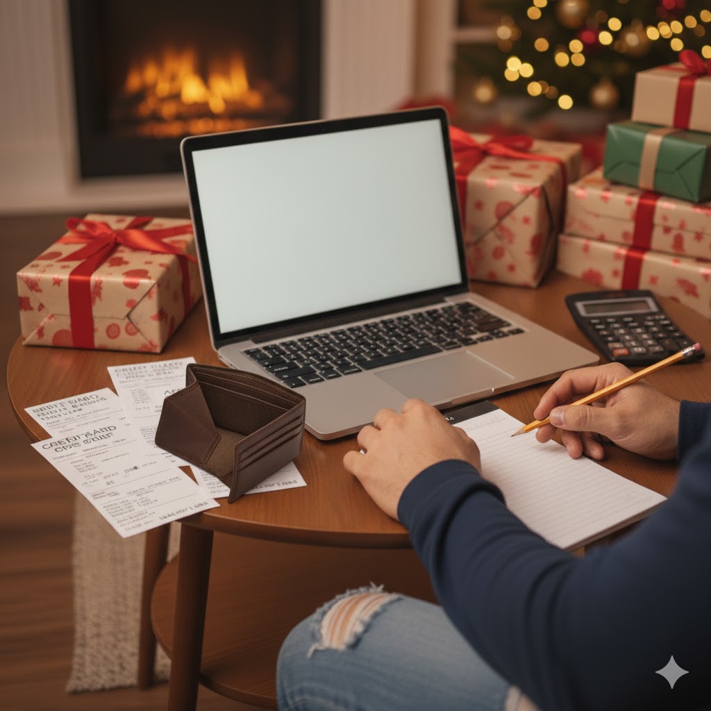 A person sitting at a table with a laptop and calculator and several credit card bills. there are christmas gifts , a christmas tree, and a flit fireplace in the background.
